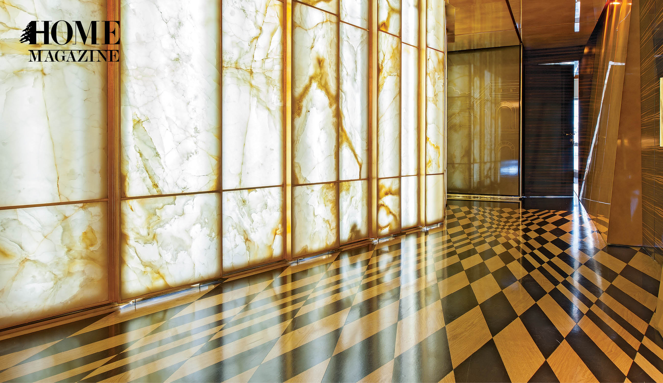 Patterned brown and orange floor with glass wall
