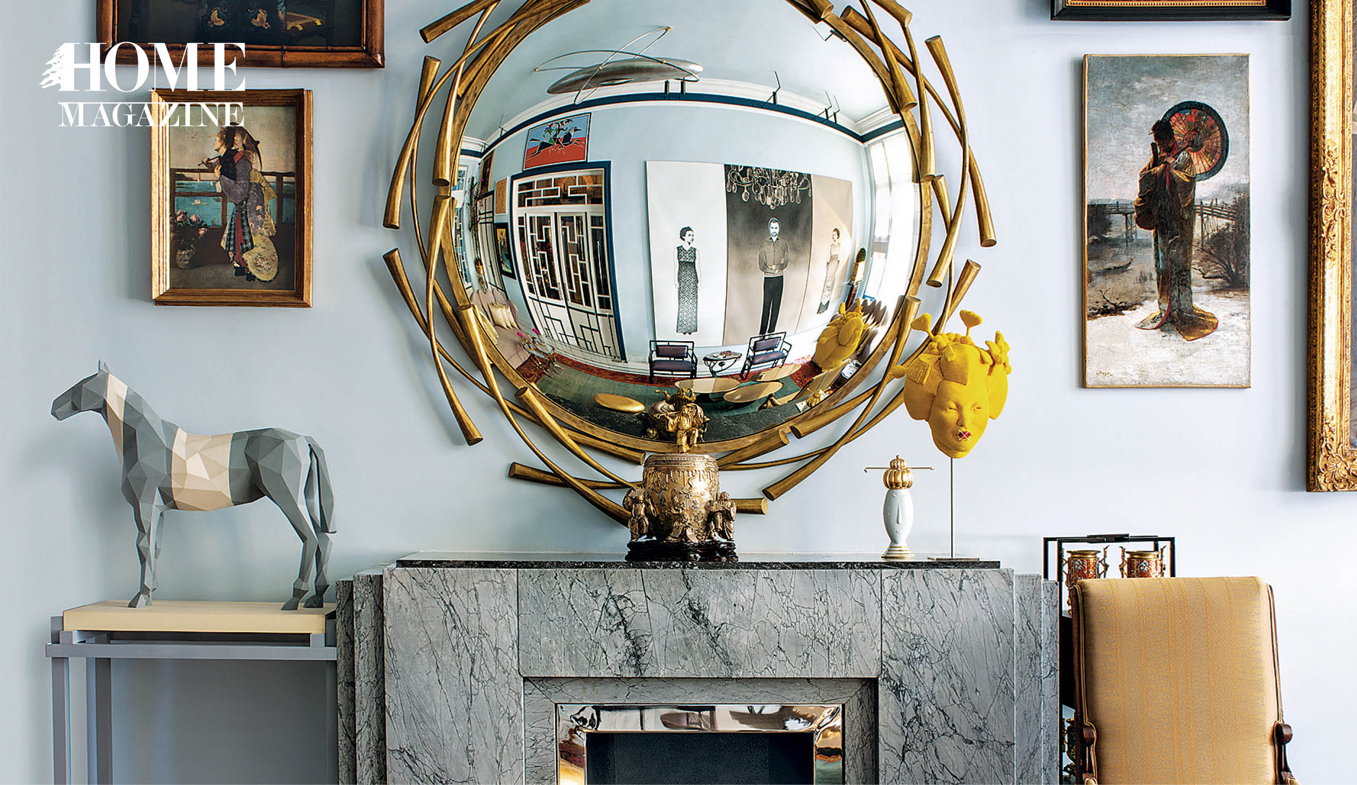 Round mirror, pictures on wall, table, chair, horse statue,chimney