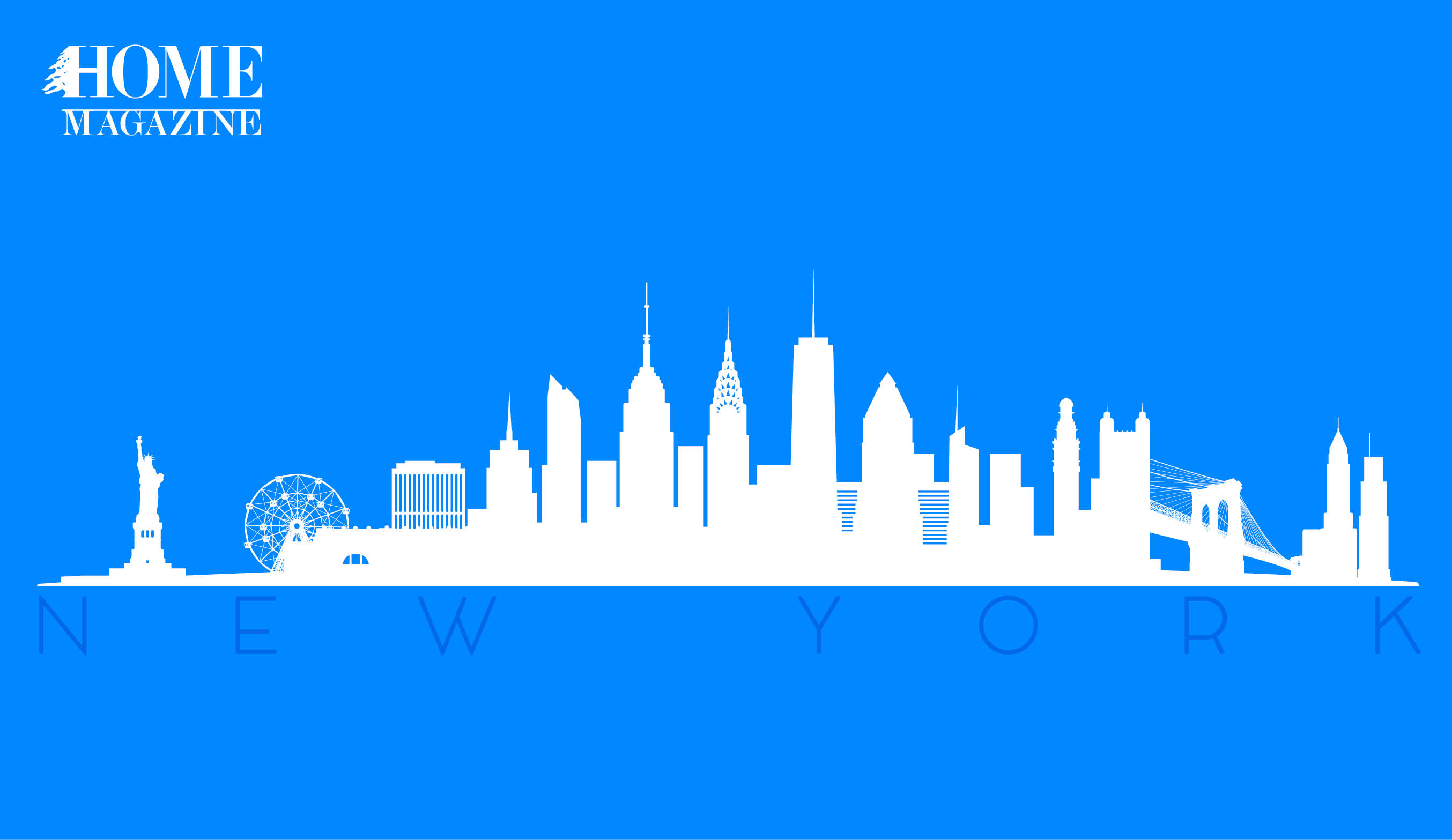 Drawing of New York white buildings on blue background