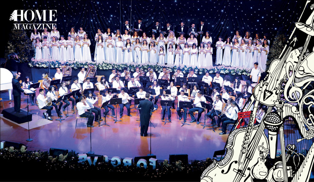 Choir and orchestra wearing white clothes on stage