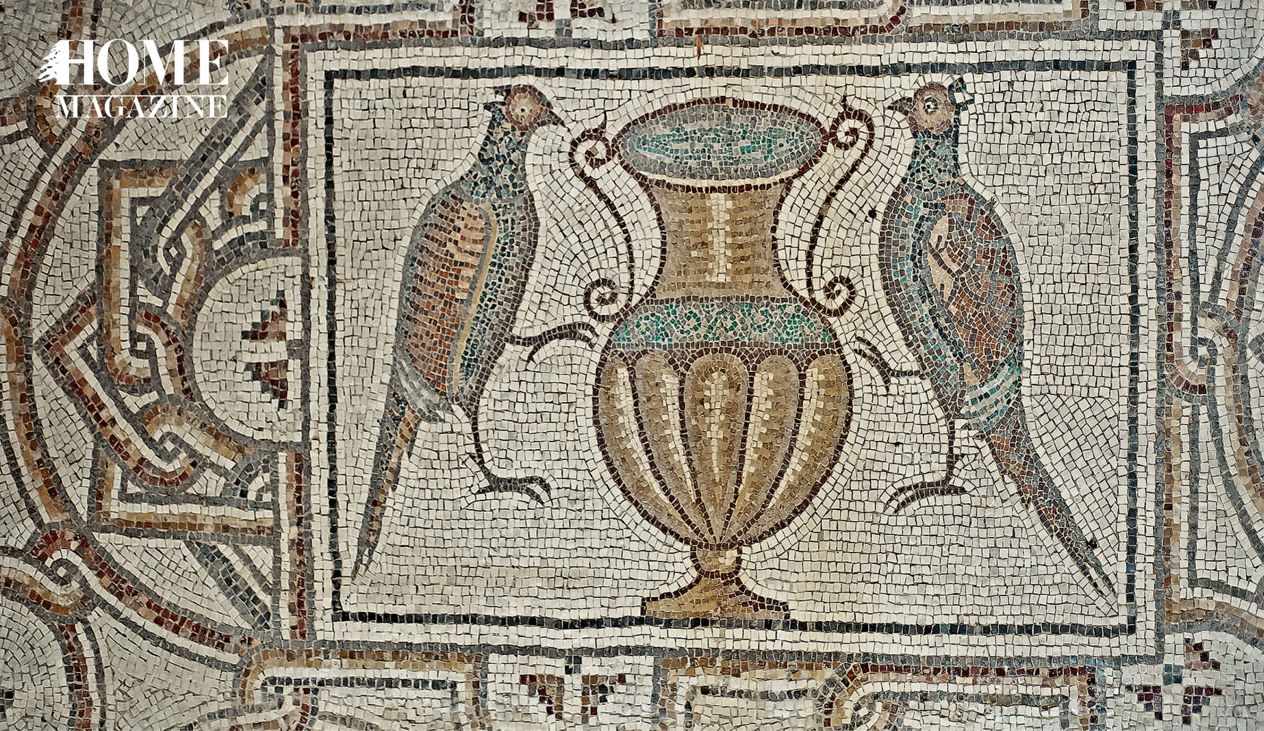 Illustration of two birds and a vase in mosaic
